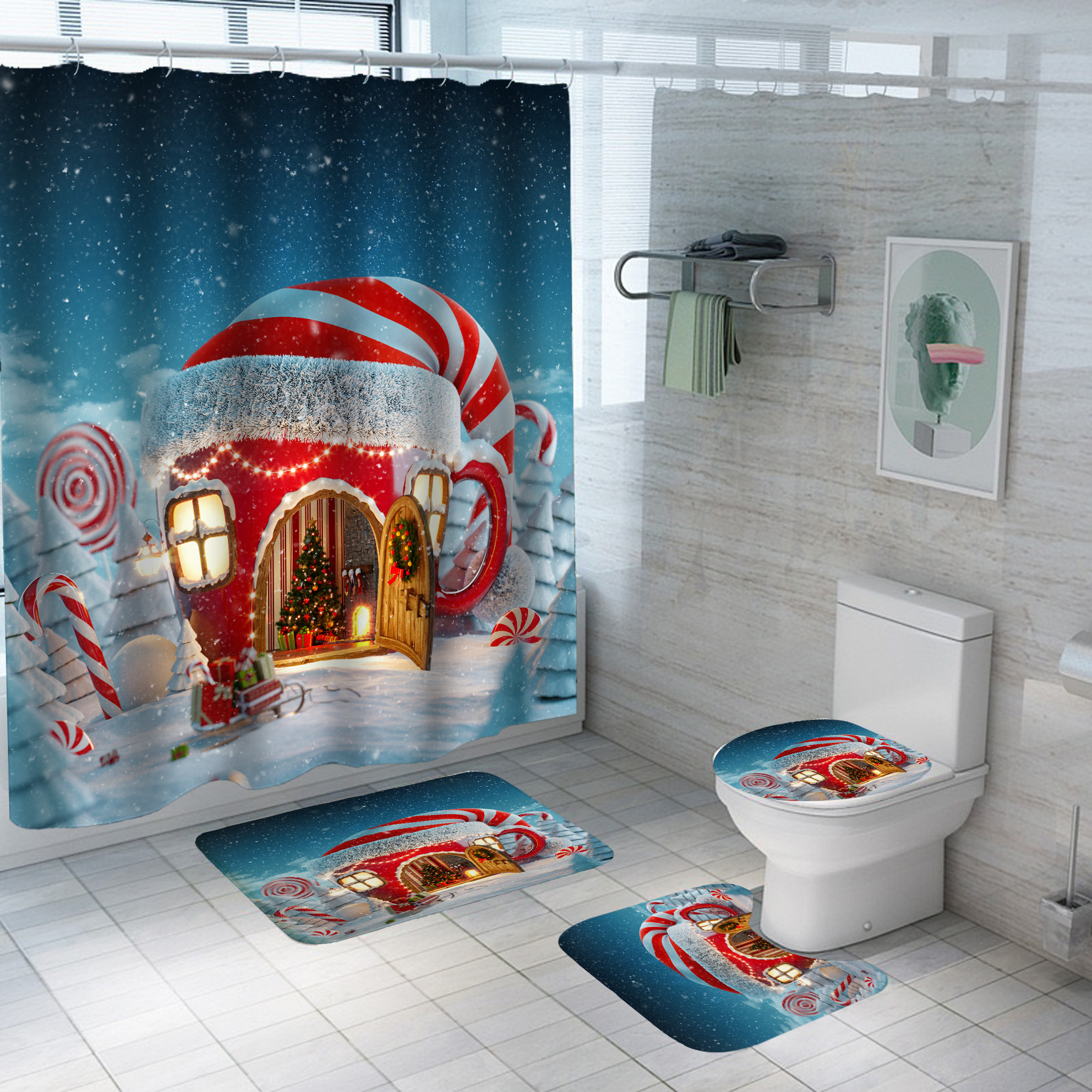 Set baie 4 piese: perdea, covorase si husa de toaleta, Christmas Home