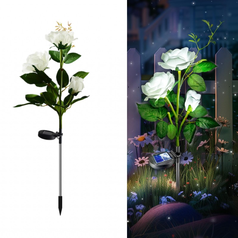Set 2 x Lampa solara Trandafir Alb, 3 flori LED