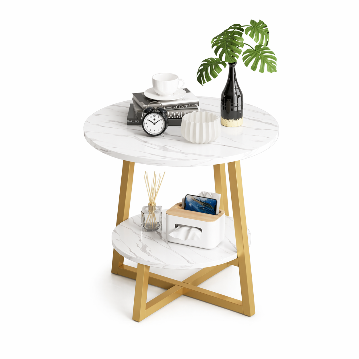 Masuta cafea rotunda cu raft inferior, blat tip marmura, 55x40 cm