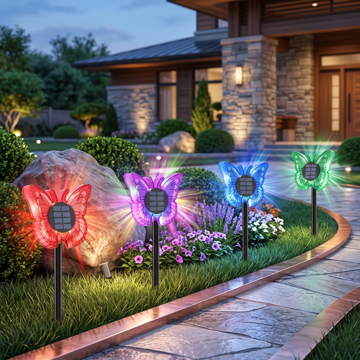 Set 2 x Lampa solara LED Fluture RGB, montaj pe perete sau sol