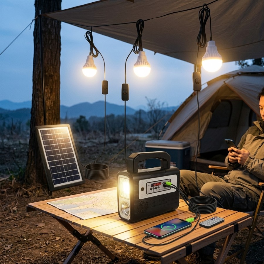 Kit panou solar 3 becuri LED, Radio Bluetooth, GDPLUS GD-8028