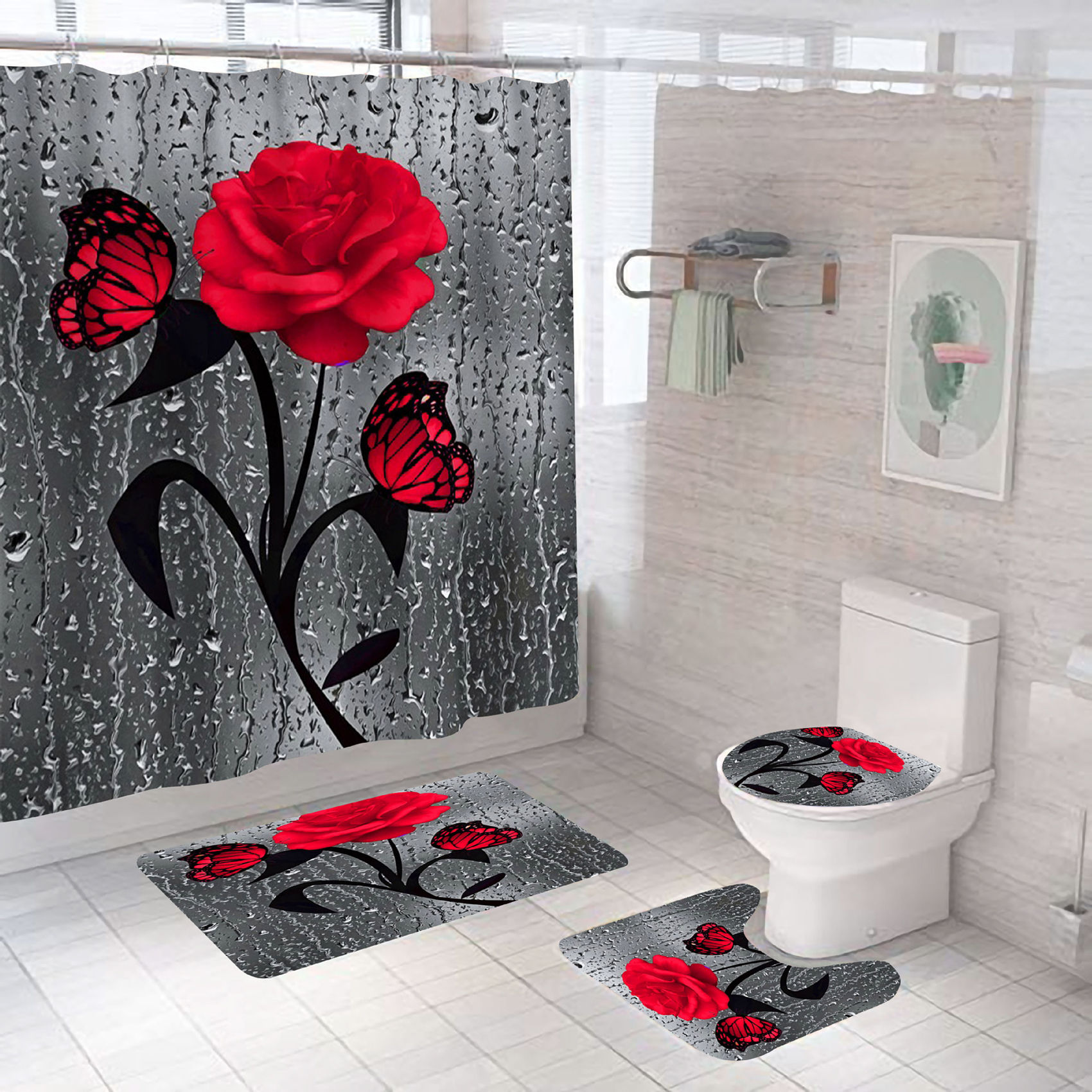 Set pentru baie: perdea, covorase si husa de toaleta, Red Rose