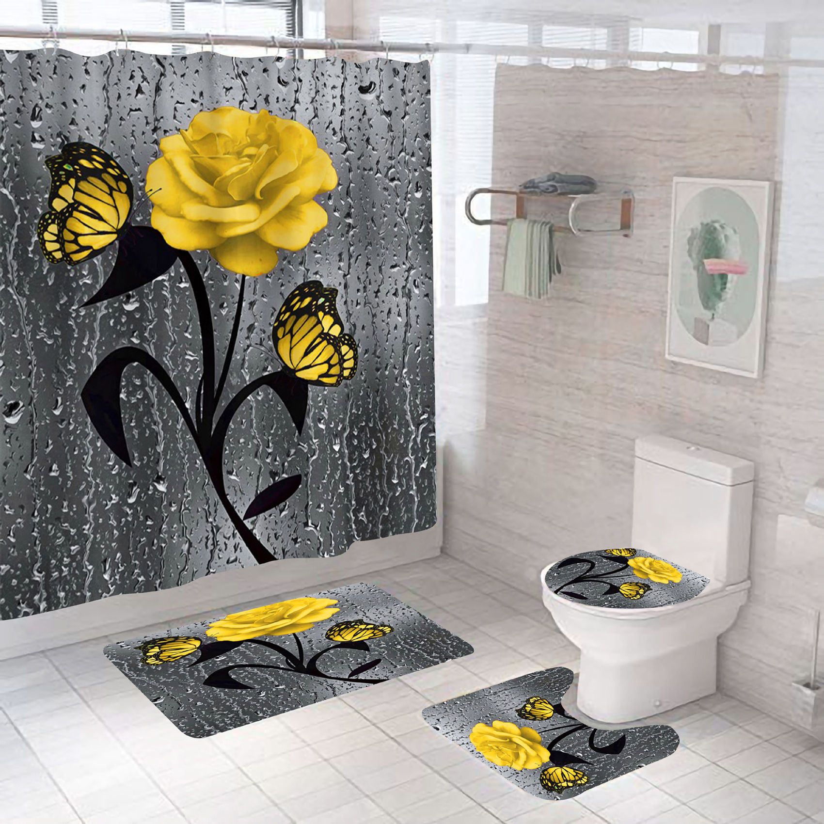 Set baie 4 piese: perdea, covorase si husa de toaleta, Yellow Rose