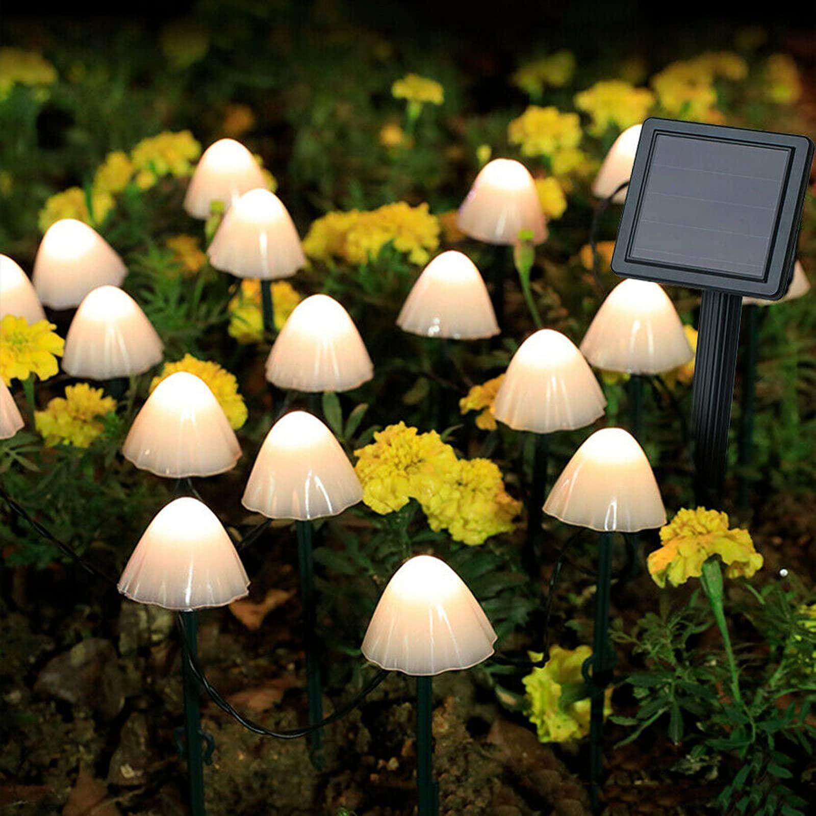 Decoratiune solara 30 ciupercute LED alb cald