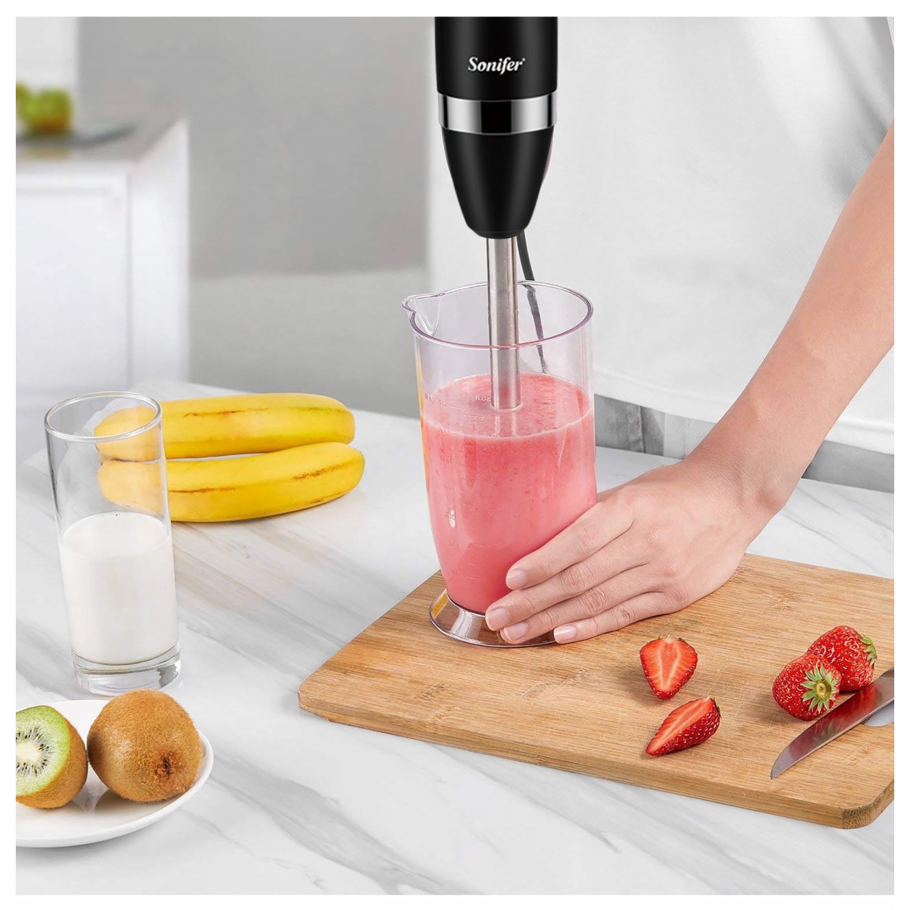 Set Blender 3 in 1, 500 W, Mixer vertical, functie Turbo, Alb