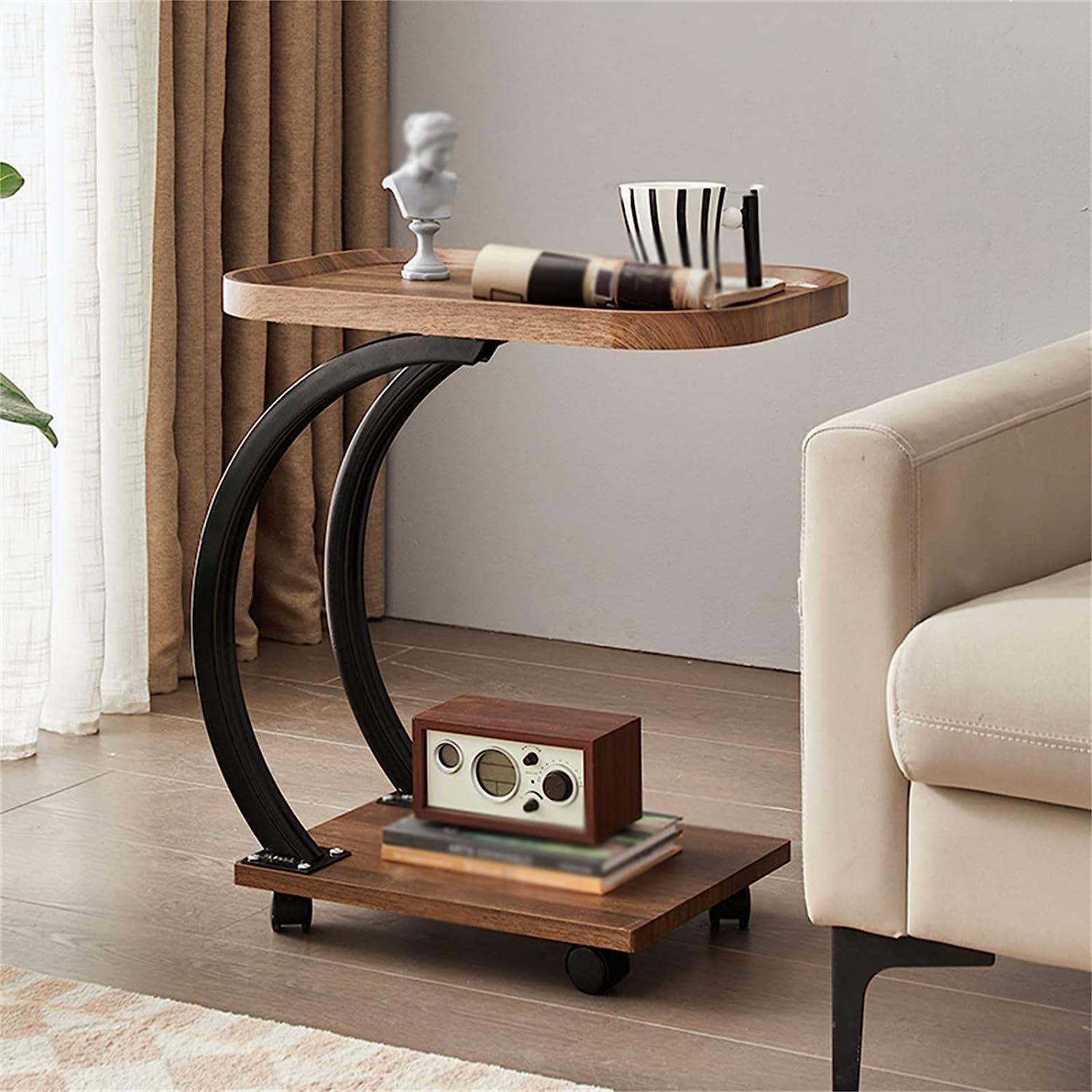 Masuta cafea cu roti, lemn, maro, 2 niveluri, 60 cm