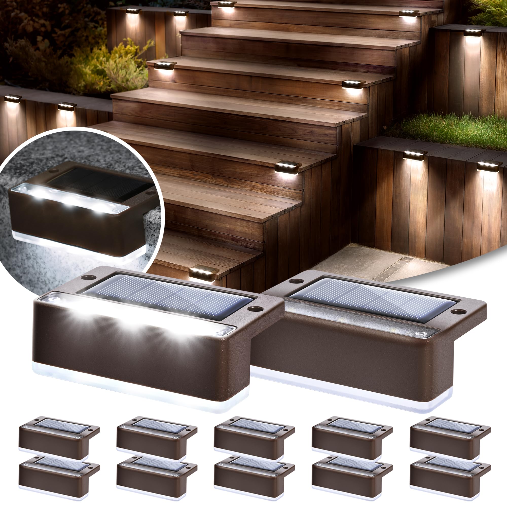 Set 8 lampi solare pentru trepte sau terase, Maro, Alb rece
