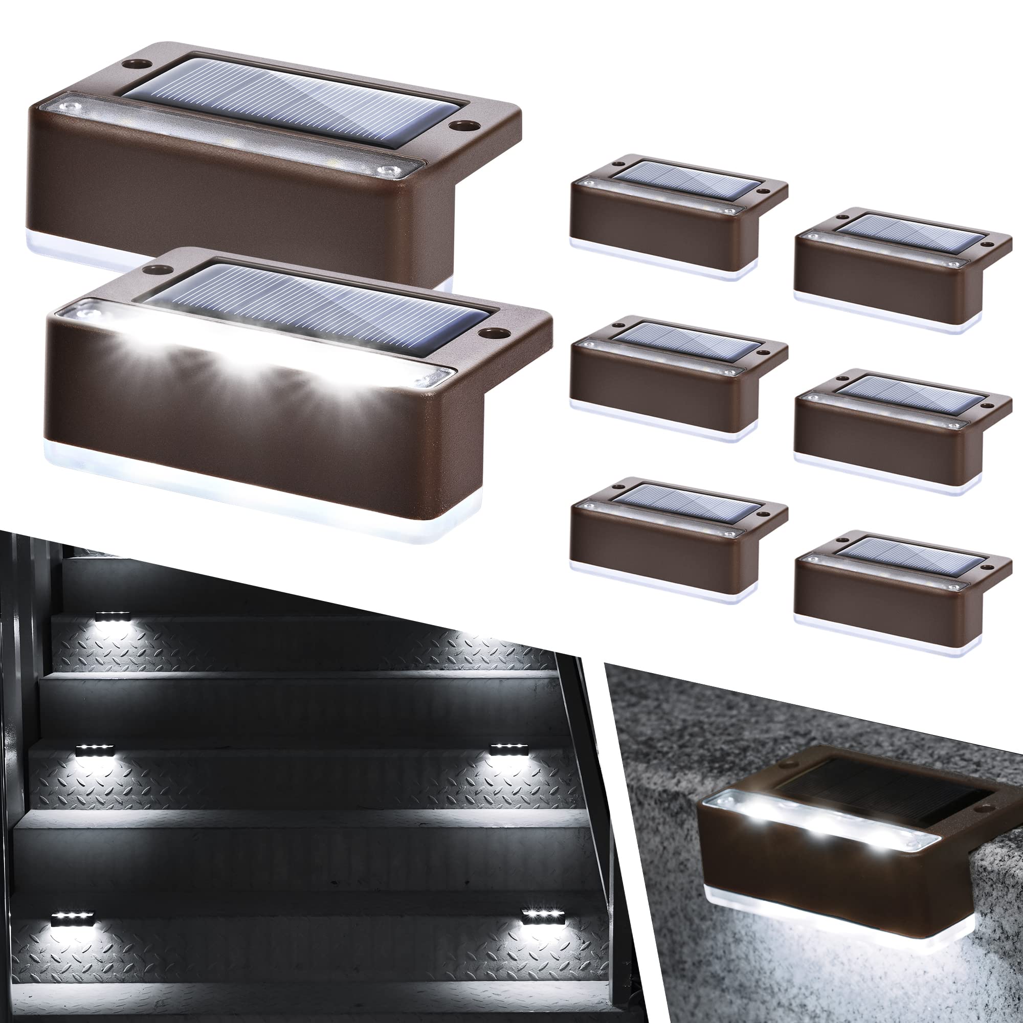 Set 8 lampi solare pentru trepte sau terase, Maro, Alb rece