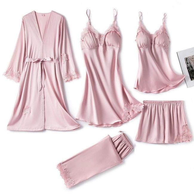 Set 5 piese, Pijama satin Dama, Roz