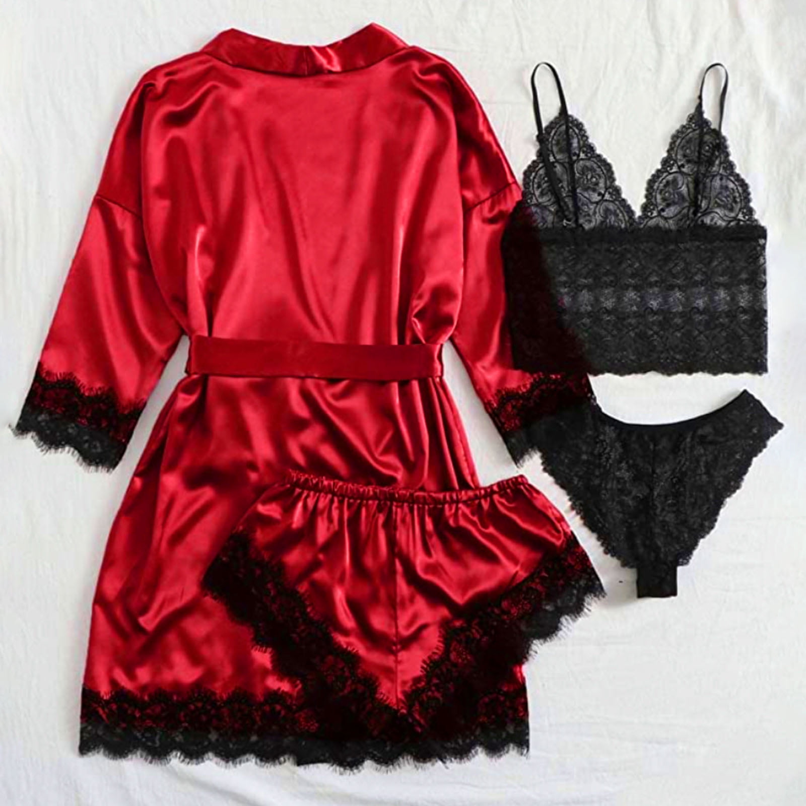 Set 4 piese, Pijama satin Dama, Rosu/Negru