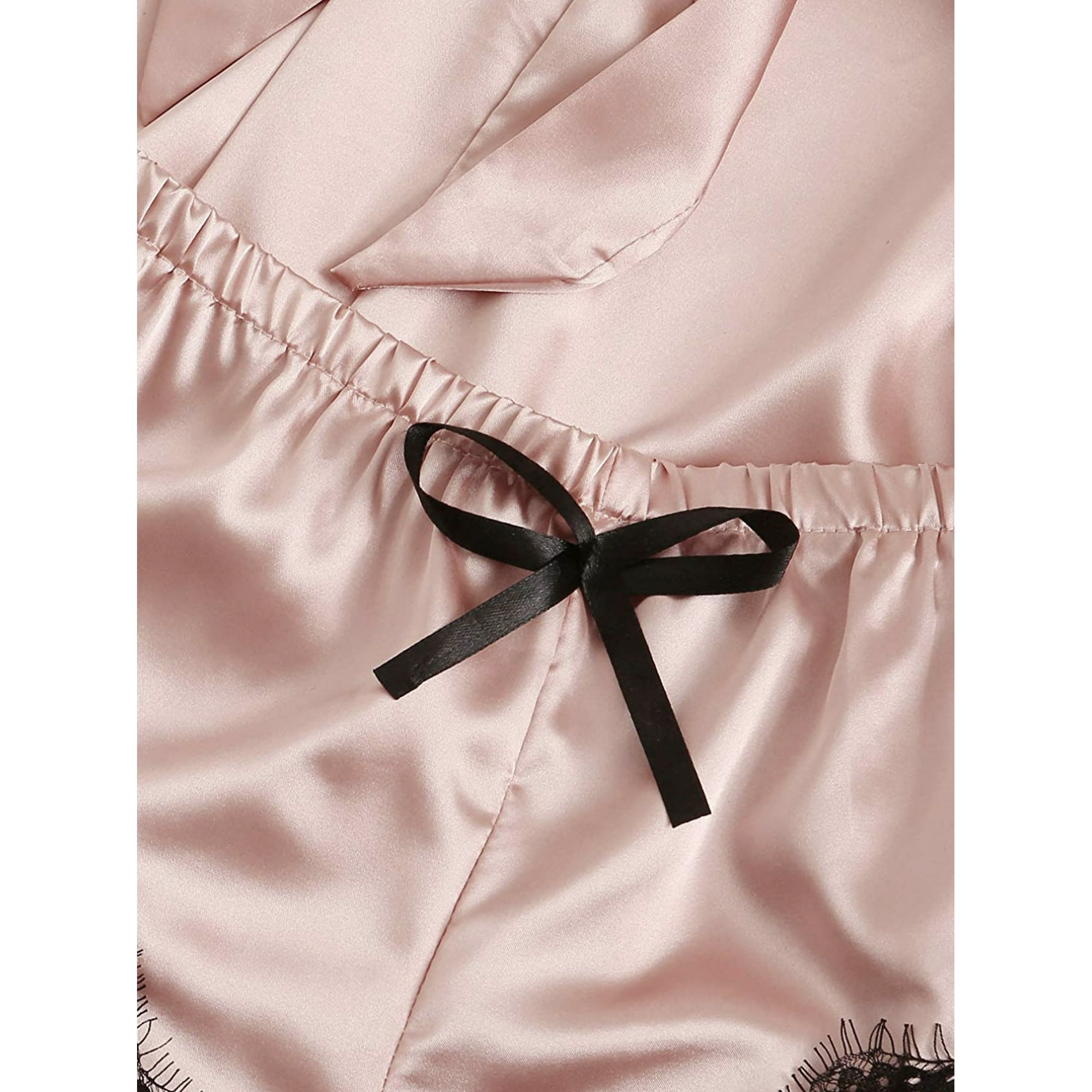 Set 4 piese, Pijama satin Dama, Roz/Negru