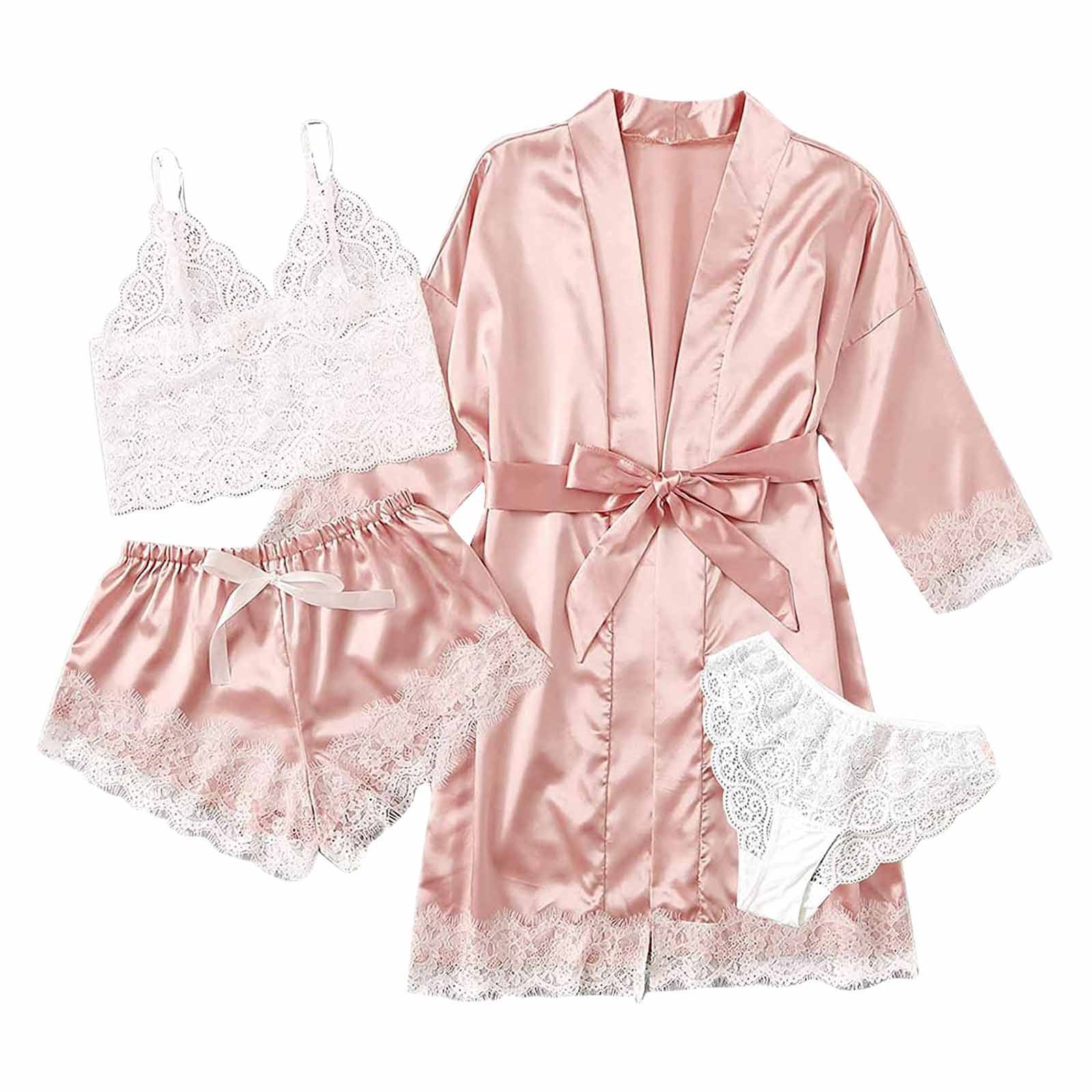 Set 4 piese, Pijama satin Dama, Roz/Alb