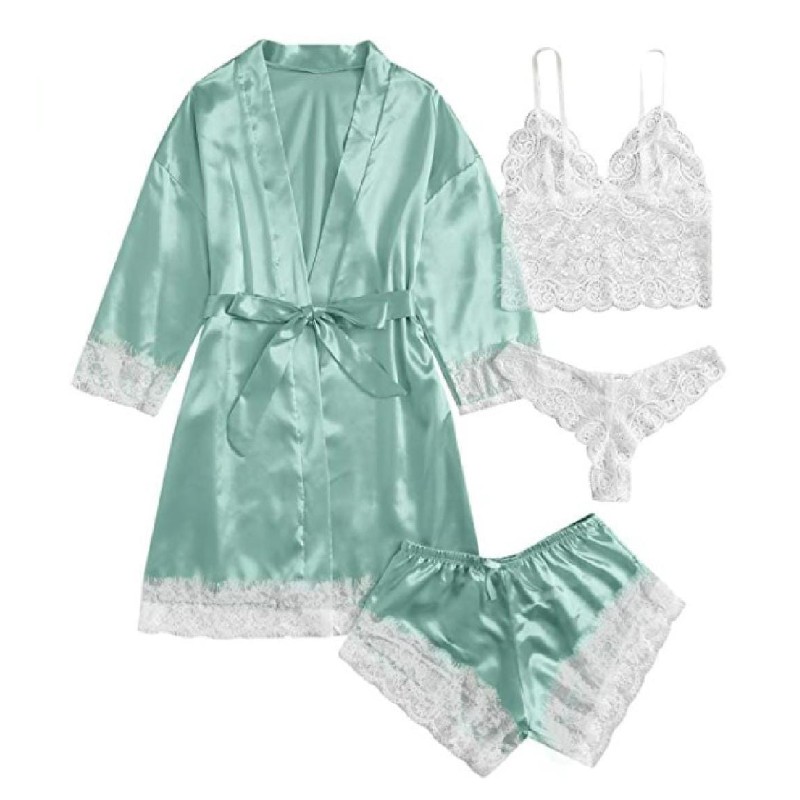 Set 4 piese, Pijama satin Dama, Verde/Alb