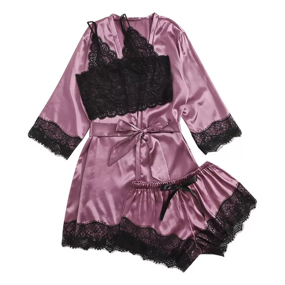 Set 3 piese, Pijama din satin si dantela, Mov/Negru