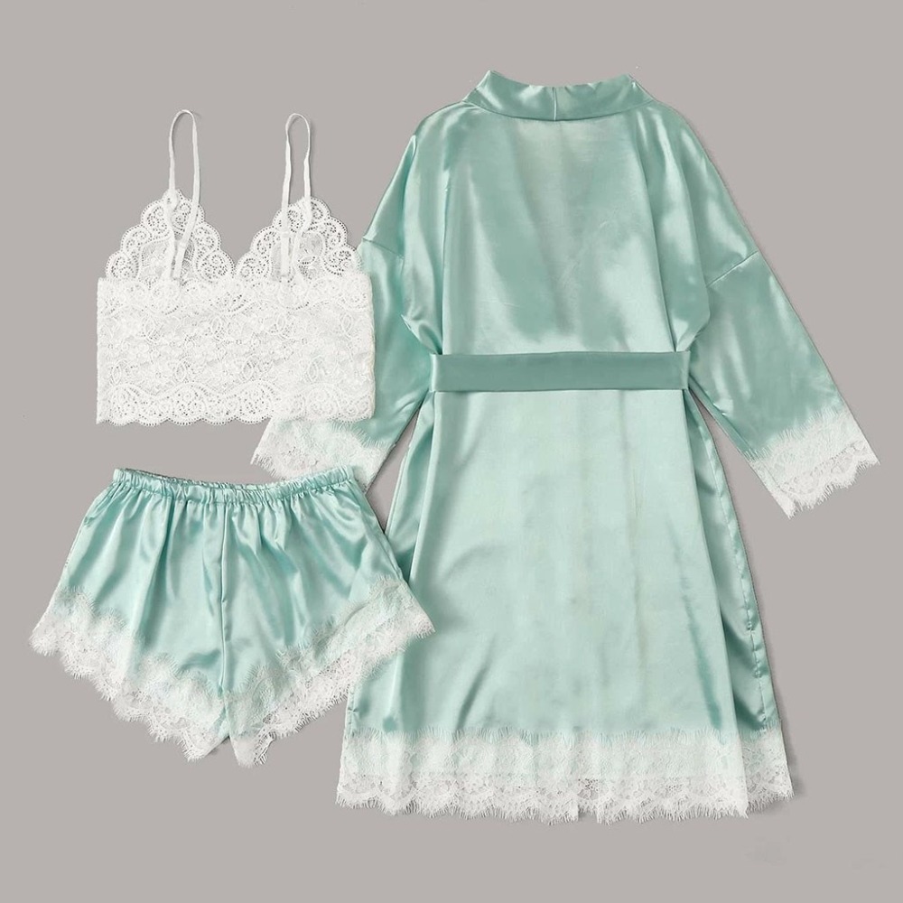 Set 3 piese, Pijama din satin si dantela, Verde/Alb