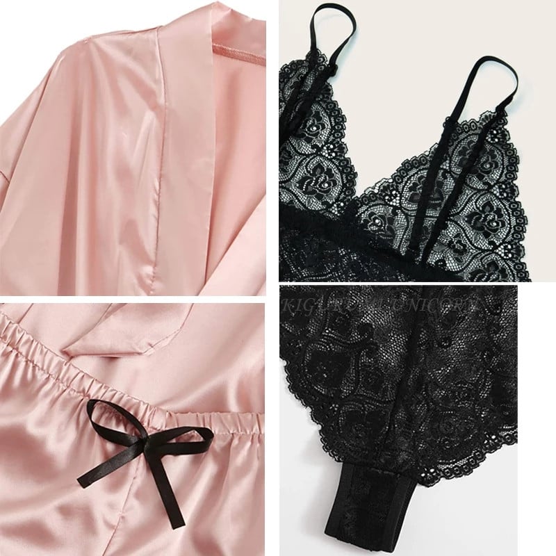 Set 3 piese, Pijama din satin si dantela, Roz/Negru