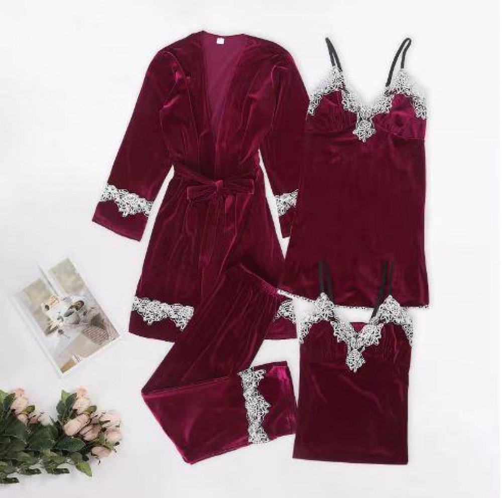 Set 4 piese, catifea, pijamale dama, Bordo