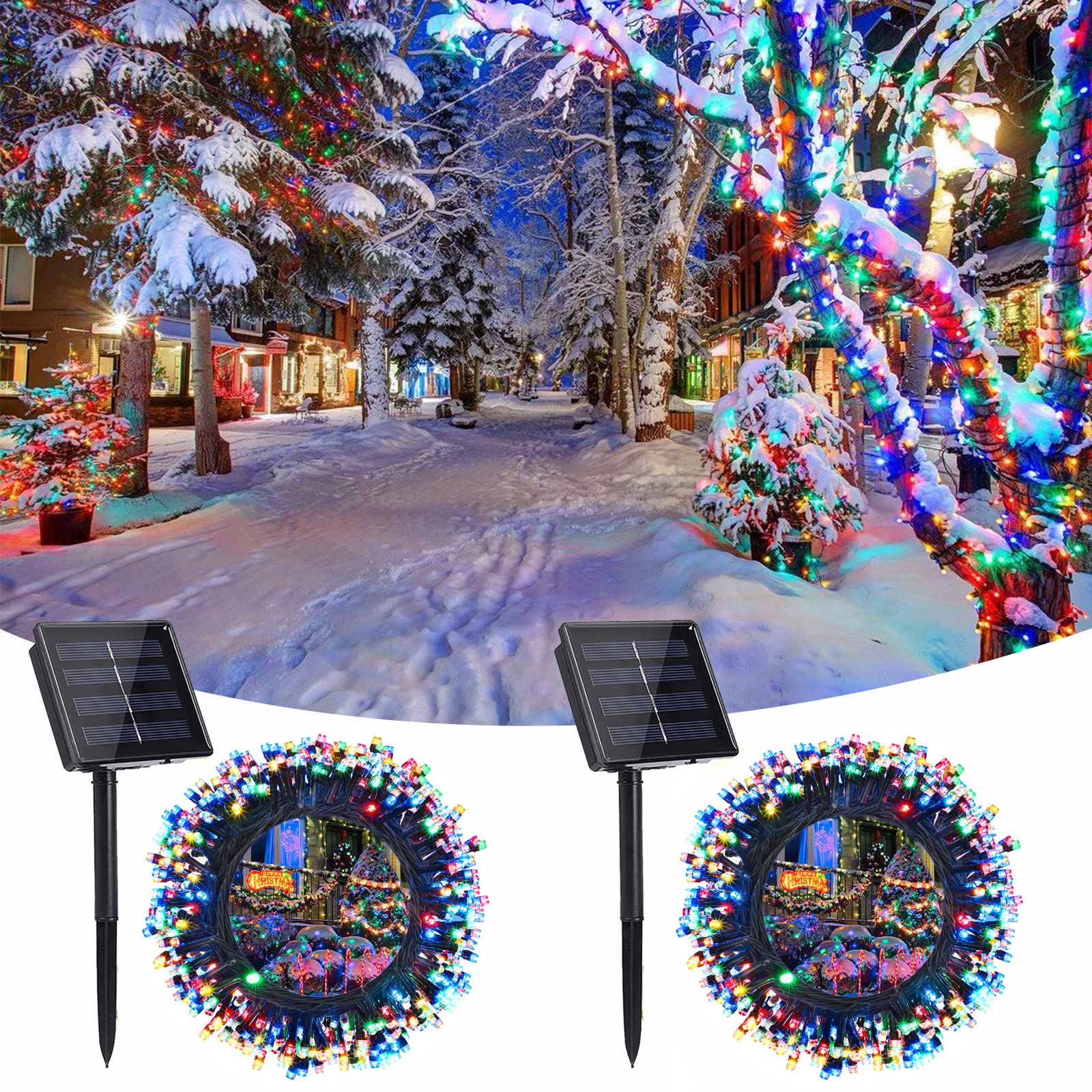 Set 2 x Instalatie solara 100 LED pentru exterior, Multicolor