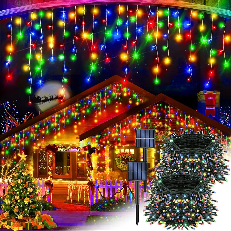 Set 2 x Instalatie solara 100 LED pentru exterior, Multicolor