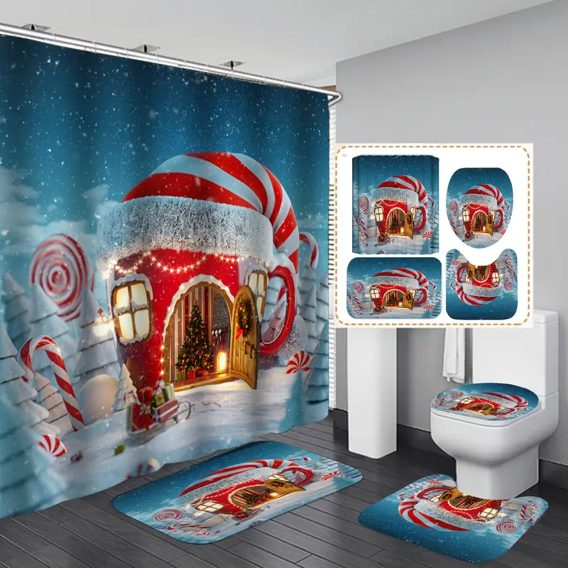 Set 4 piese baie: perdea, covorase si husa de toaleta, Christmas Home