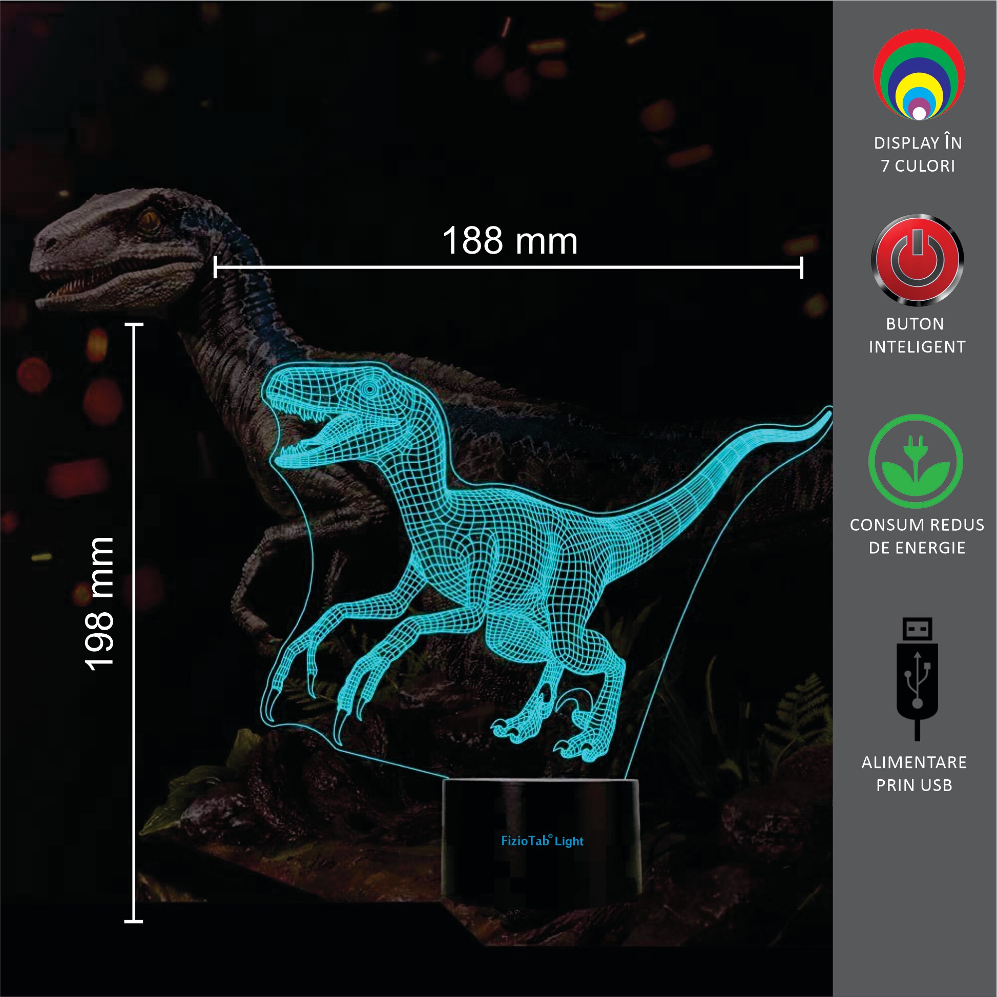 Lampa de veghe 3D, LED 7 culori, lumina ambientala - Velociraptor