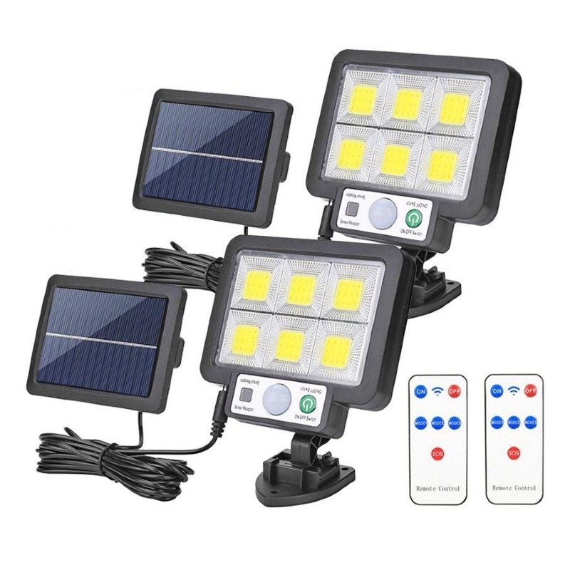 Set 2 x Proiector solar 120 LED 6 COB, Senzor de lumina, Senzor de miscare