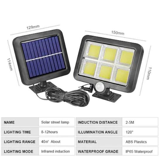 Set 2 x Proiector solar 120 LED 6 COB, Senzor de lumina, Senzor de miscare