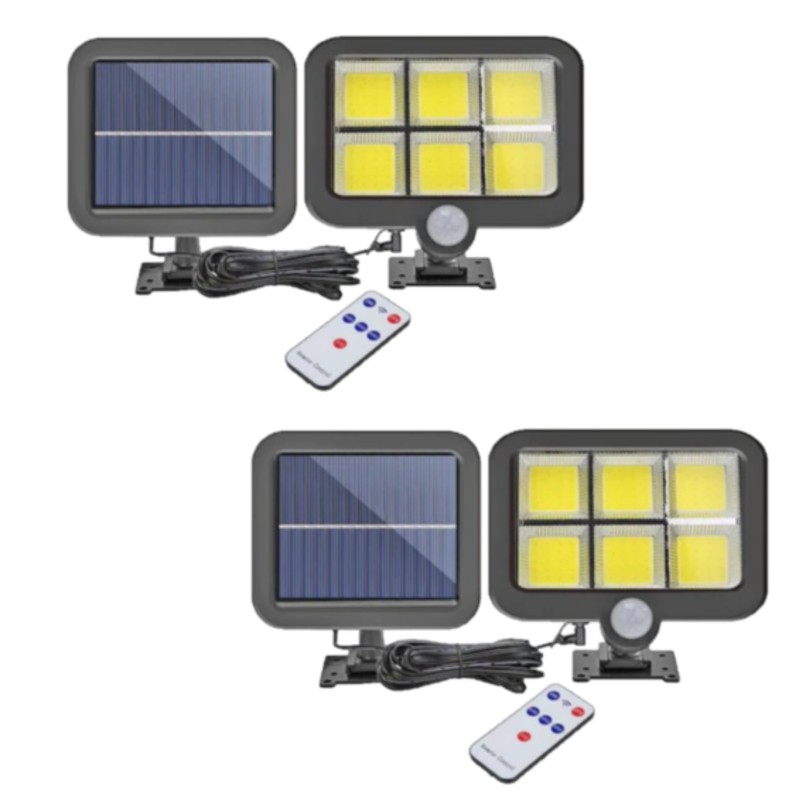 Set 2 x Proiector solar 120 LED 6 COB, Senzor de lumina, Senzor de miscare
