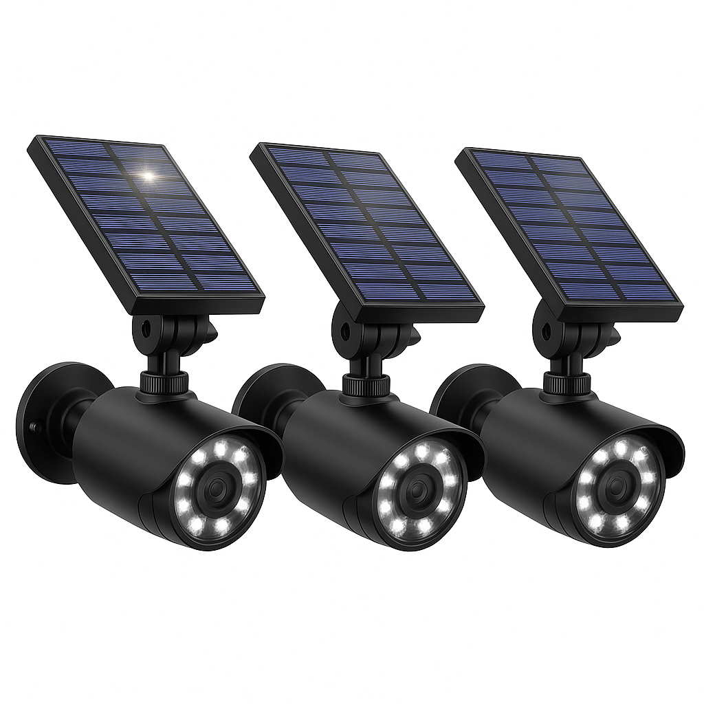 Set 3 x Camera falsa solara LED, IP 44, senzor de miscare, Negru