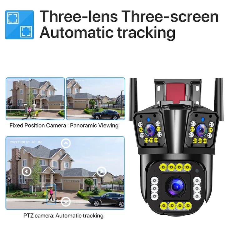 Camera de supraveghere video, 3 lentile, Wi-Fi, 12 mpx