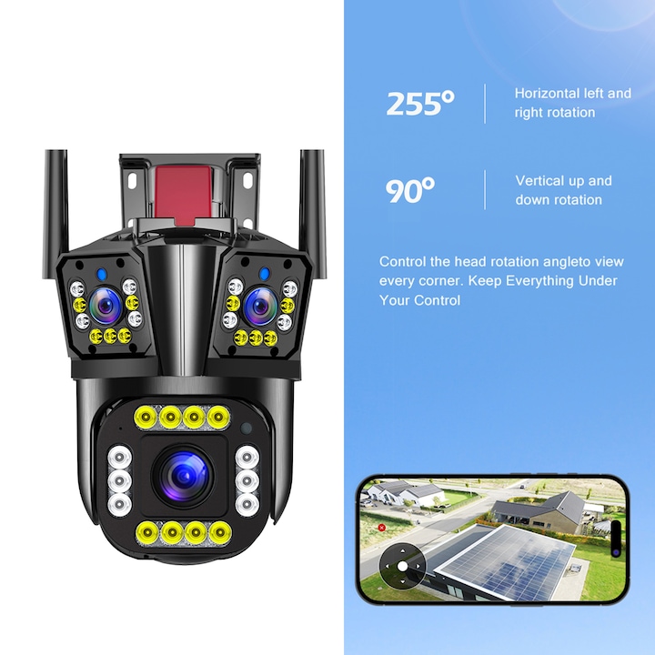 Camera de supraveghere video, 3 lentile, Wi-Fi, 12 mpx
