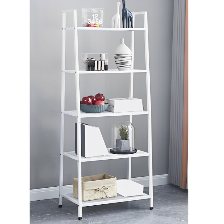 Raft metalic decorativ cu 5 polite, 113 cm, Alb
