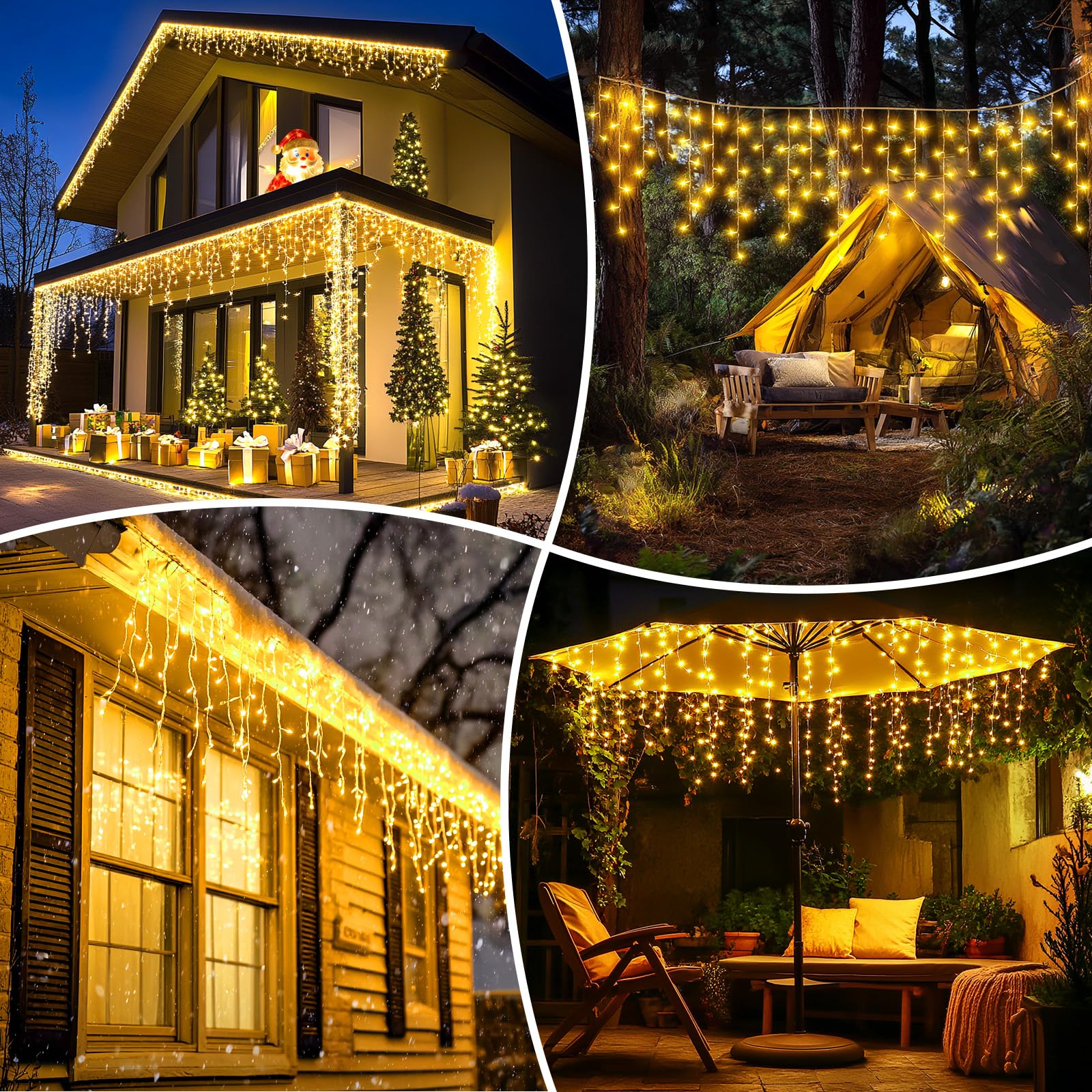 Instalatie solara franjuri 320 LED, Alb cald, 12 metri