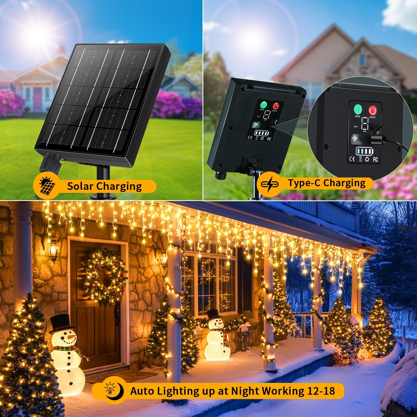 Instalatie solara franjuri 320 LED, Alb cald, 12 metri