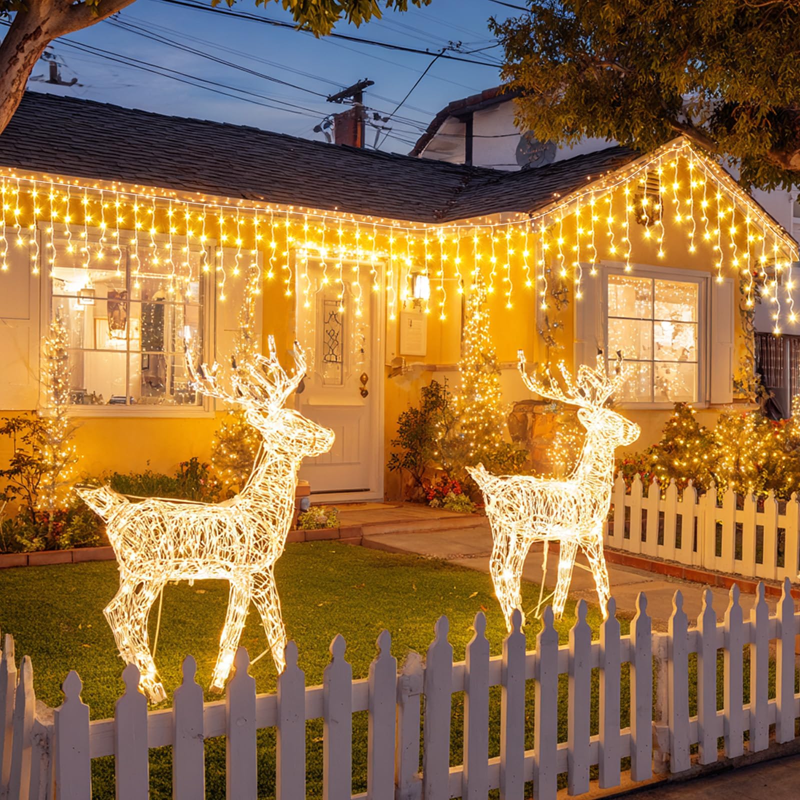 Instalatie solara franjuri 320 LED, Alb cald, 12 metri