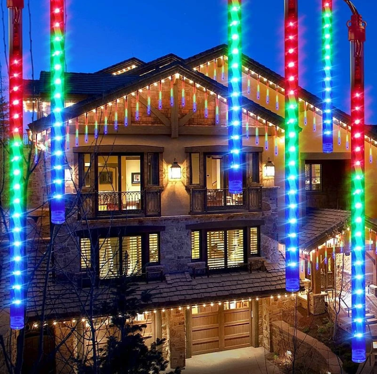 Instalatie 8 turturi meteori, 288 LED multicolor, tuburi 45 cm