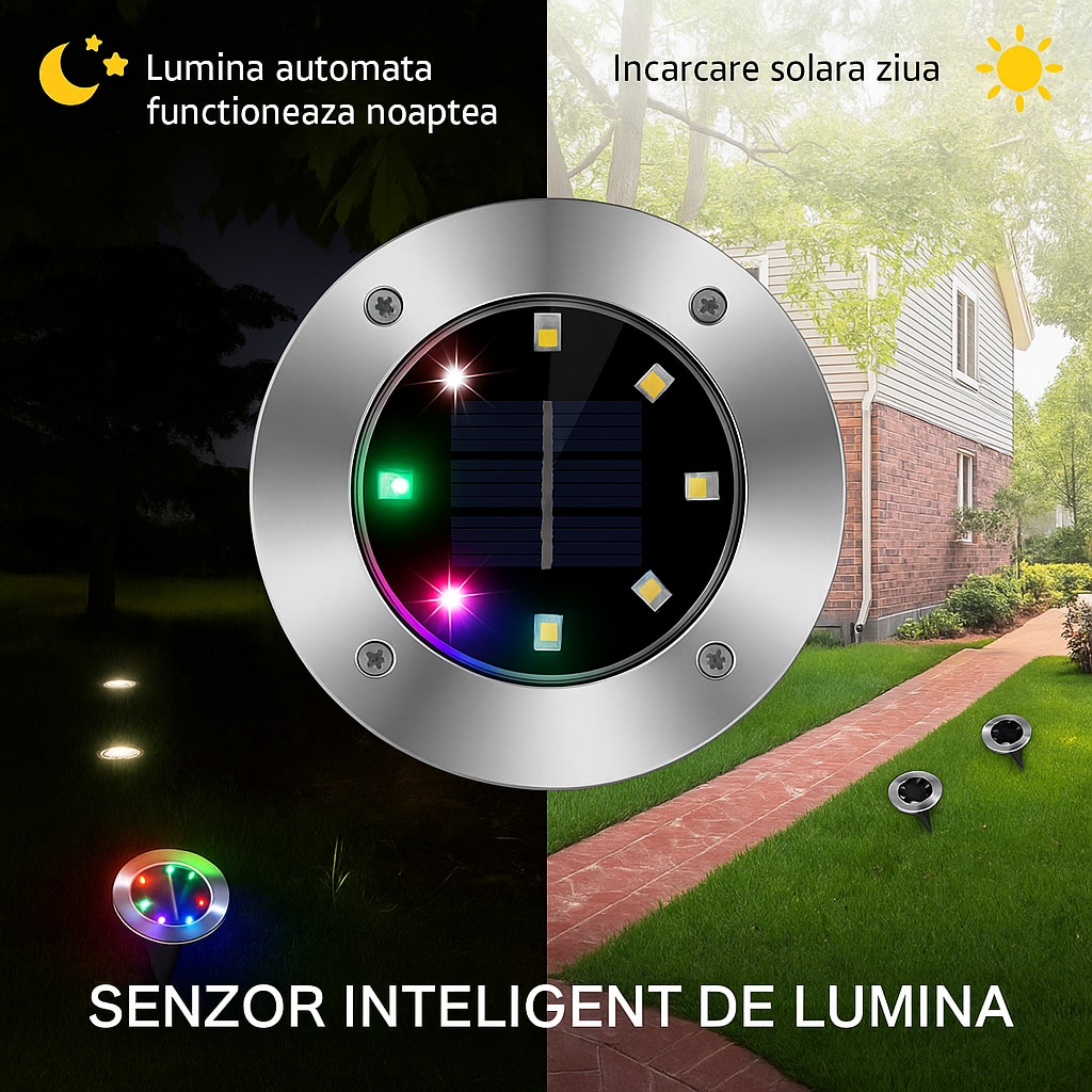 Set 4 lampi solare, 8 LED RGB, Senzor de Lumina, IP 65