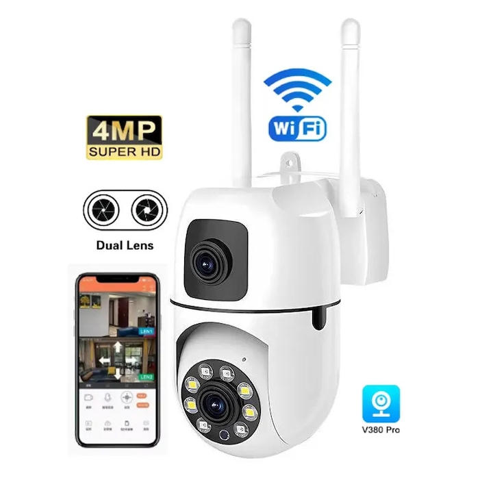 Camera video dubla, V380 Pro, 4 MP, Detectare Miscare