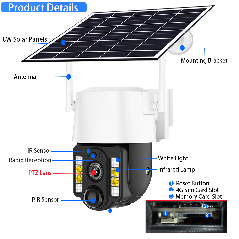 Camera Video Solara 355°, 4G SIM Slot, 1080P HD, Alarma