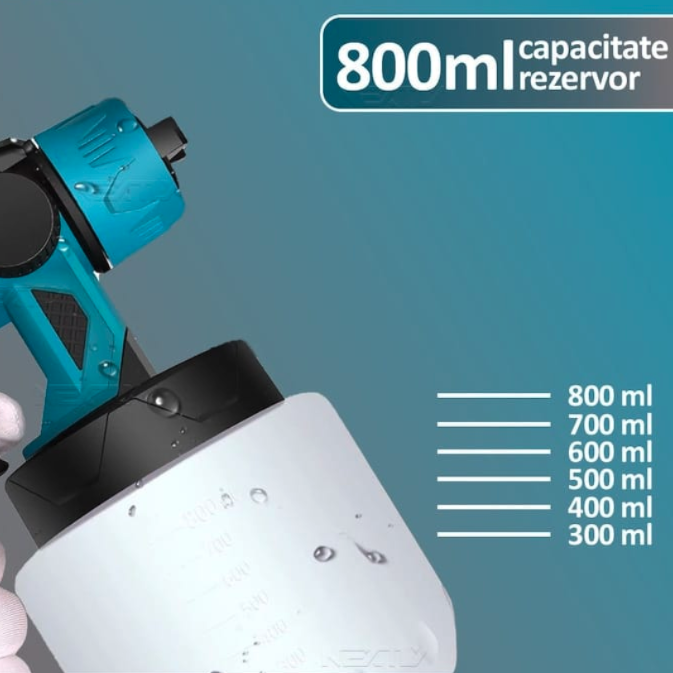 Pistol de vopsit cu 2 acumulatori, capacitate 800 ml, debit reglabil