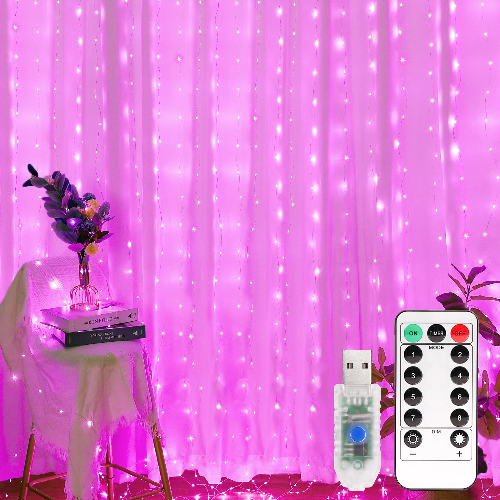 Instalatie Perdea LED 3x3 Metri, 300 LED, 8 Moduri de Iluminare, Roz