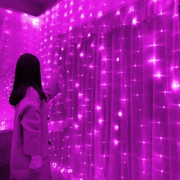Instalatie Perdea LED 3x3 Metri, 300 LED, 8 Moduri de Iluminare, Roz