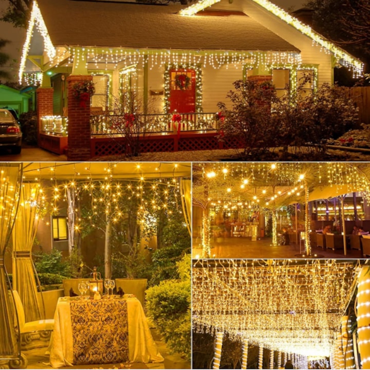 Instalatie franjuri, 500 LED, 20 metri, 8 jocuri de lumini, Alb cald