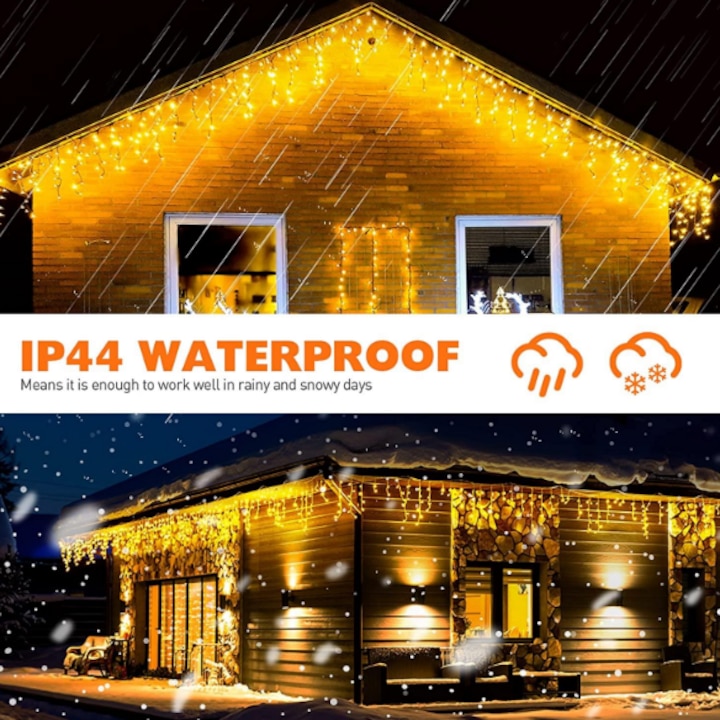 Instalatie franjuri, 500 LED, 20 metri, 8 jocuri de lumini, Alb cald