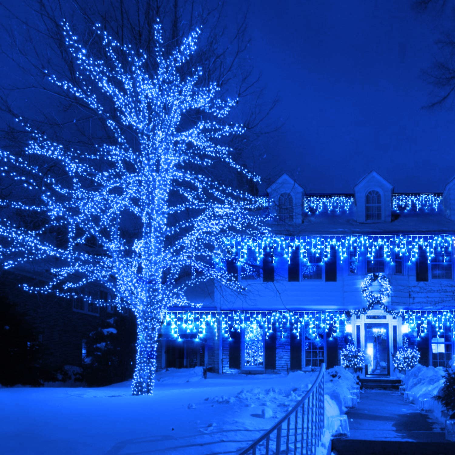 Instalatie franjuri, 500 LED, 20 metri, 8 jocuri de lumini, Albastru