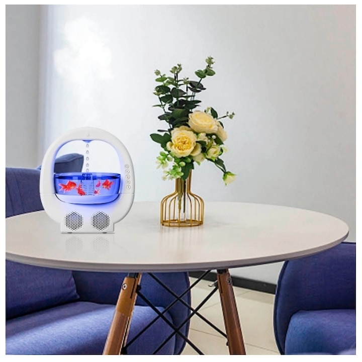 Umidificator RGB cu boxa Bluetooth cu bol pentru pesti, Alb, 700 ml