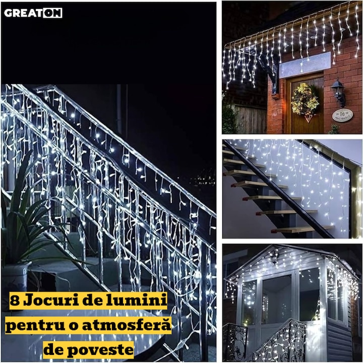 Instalatie franjuri, 300 LED, 12 metri, 8 jocuri de lumini, Alb rece
