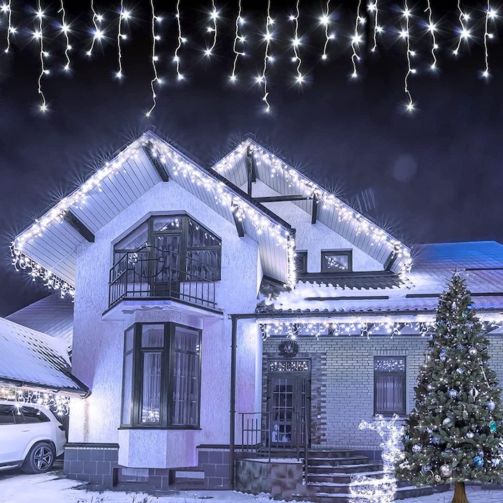 Instalatie franjuri, 300 LED, 12 metri, 8 jocuri de lumini, Alb rece