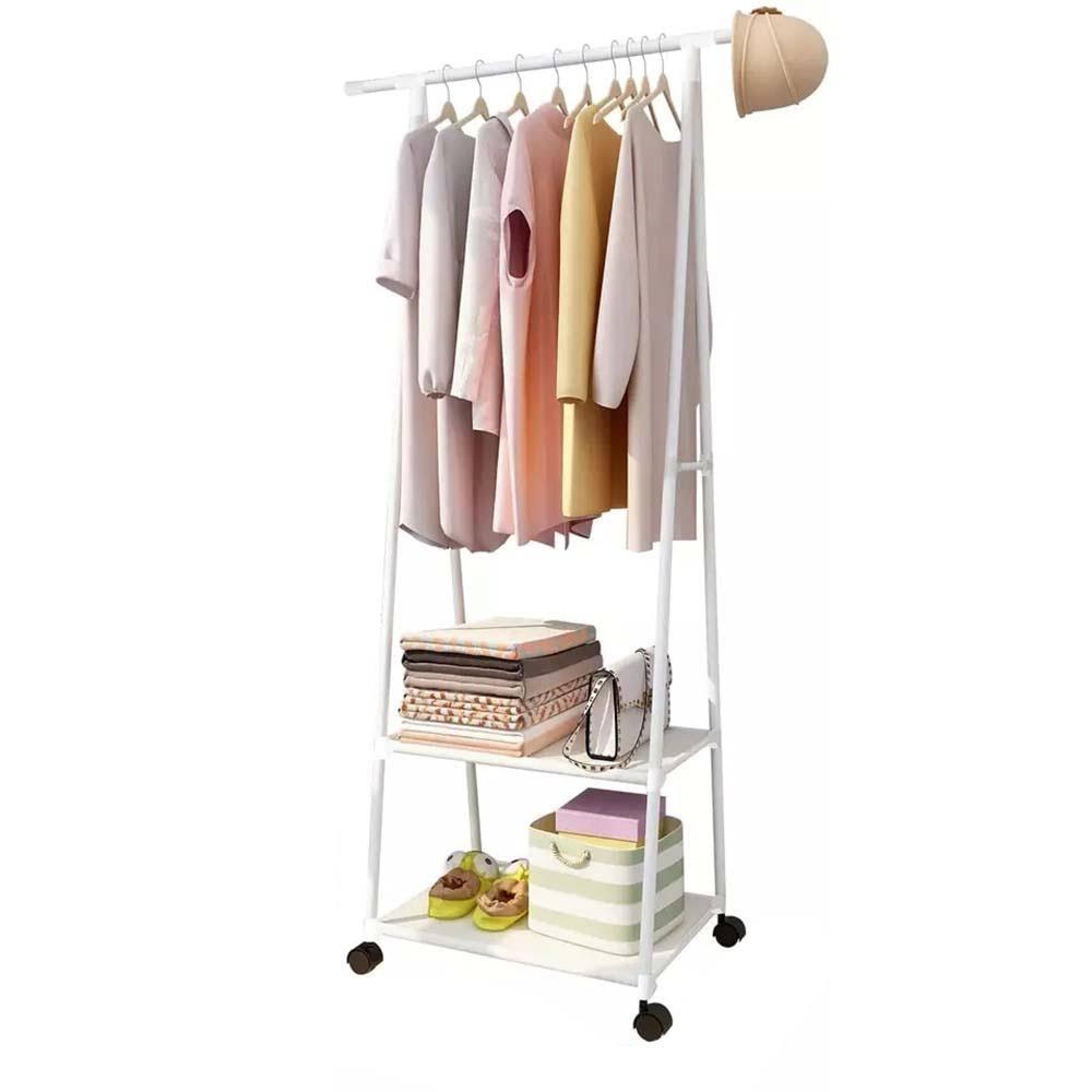 Oferta 1+1. Suport triunghi pentru haine si umerase cu 2 rafturi, Alb