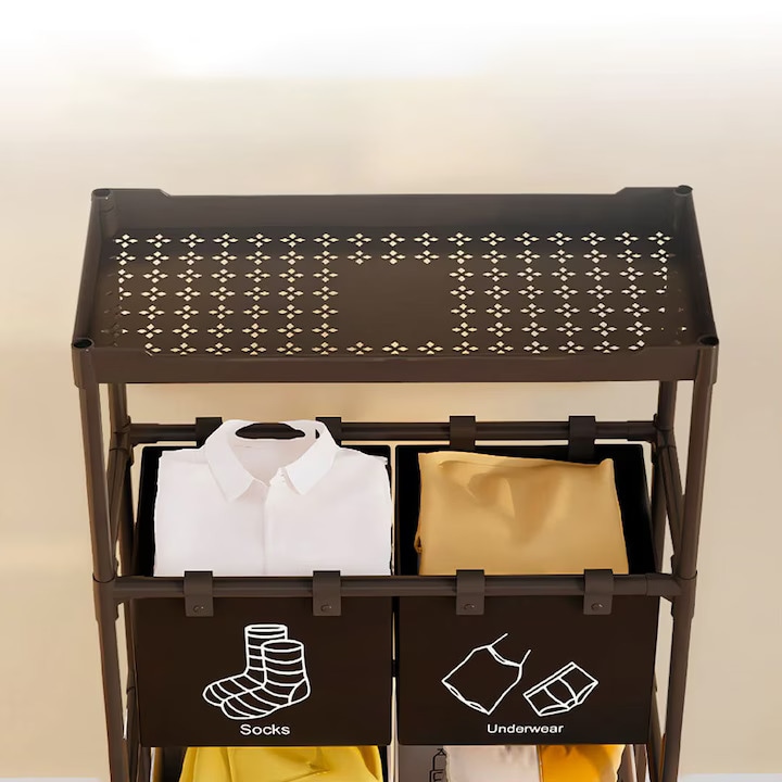 Cos de rufe, 3 niveluri, 4 sectiuni, metal, negru